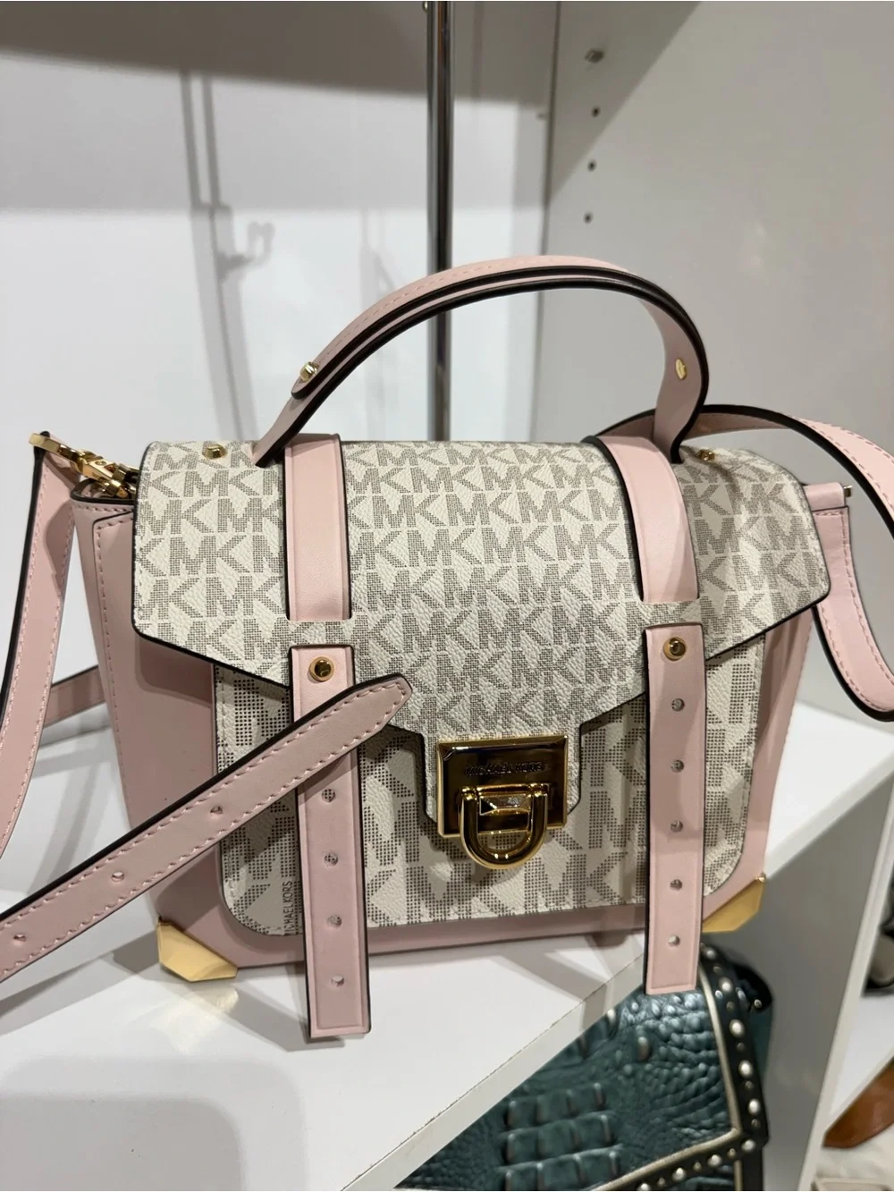 Michael Kors Manhattan Pale Pink and Cream Logo Satchel with Gold-Tone Hardware